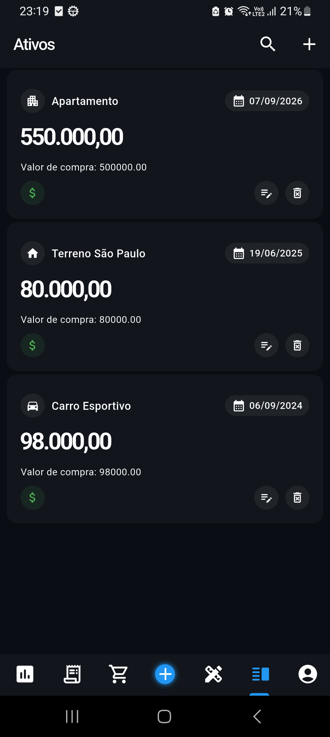Tela de ativos do aplicativo Levi: Finanças