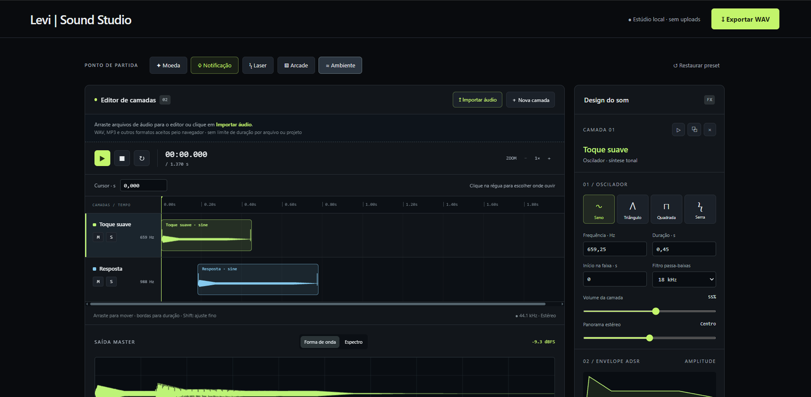 Interface do Levi Sound Studio com editor de camadas, formas de onda e controles de síntese sonora